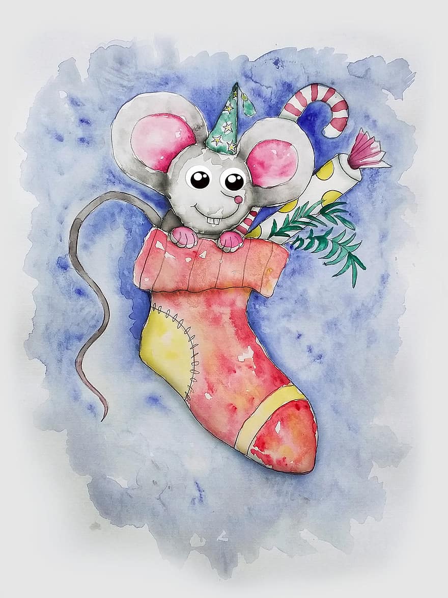 Mouse, Rodent, Stocking, Mitten, Christmas, New Year's Eve, Cute, Funny, Animal, Fantasy, Cheerful
