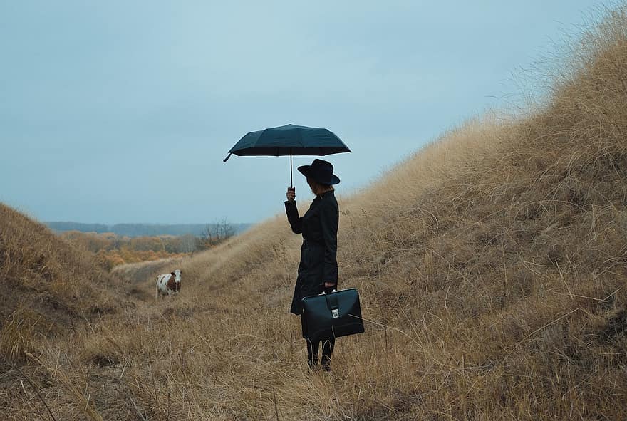 kvinne, mystisk, reisende, reise, bare, den ensomme, lei seg, kvinner, paraply, eng, landsbygda