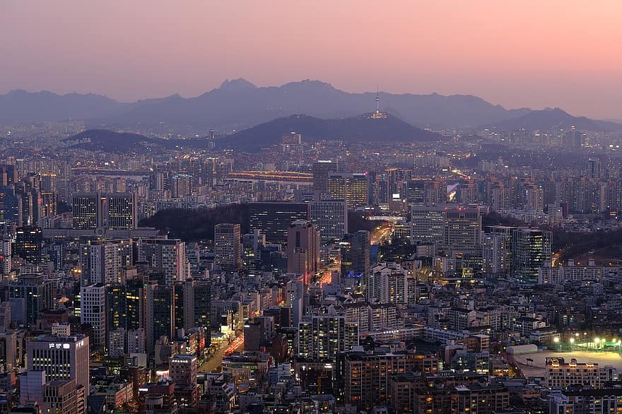град, Сеул, залез, пейзаж, залез слънце, полумрак, река хан, yeouido, вечер, нощ, здрач
