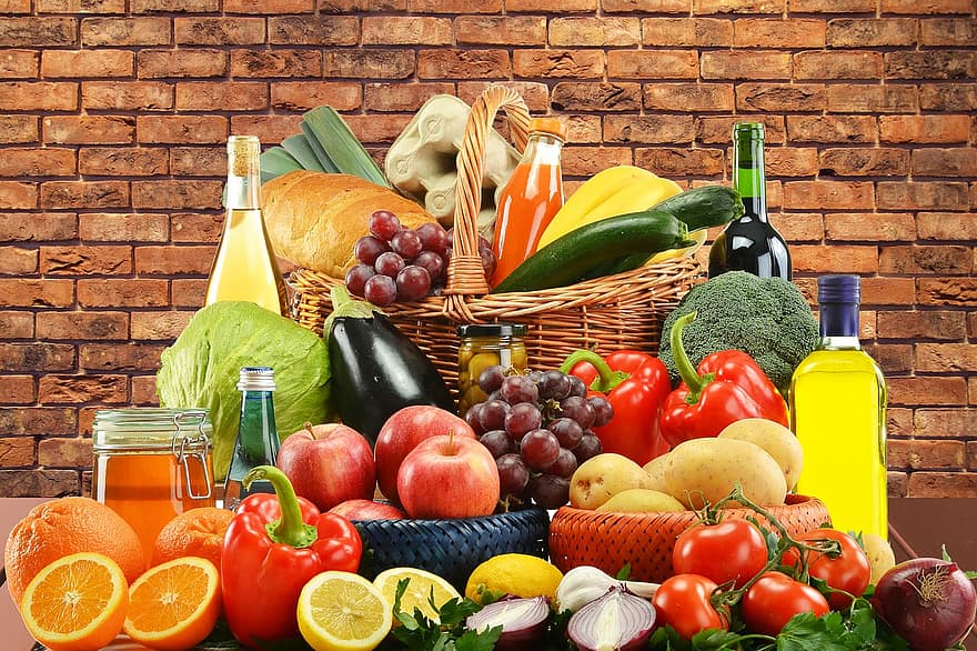 Gıda, malzemeler, yemek pişirme, meyve, sebzeler, ekmek, sepetler, içki, içecek, serinletme, şişeler