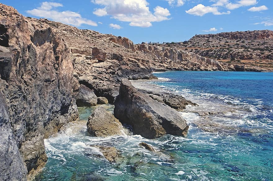 steinete kyst, cape greco, hav, landskap, natur, himmel, skyer, Kypros, kystlinje, vann, klippe