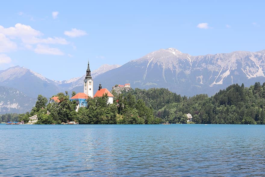 järvi, kirkko, linna, vuoret, saari, bled, vesi, ulkona, matkustaa, slovenia, luonto