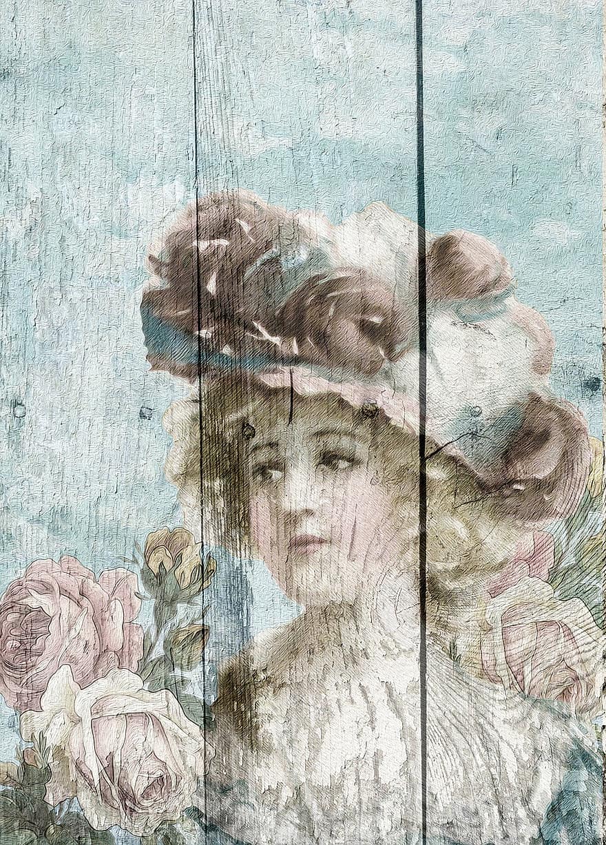 Vintage ▾, signora, donna, elegante, collage, ritratto, su legno, struttura di Holzwand, Rose, legna, muro di legno