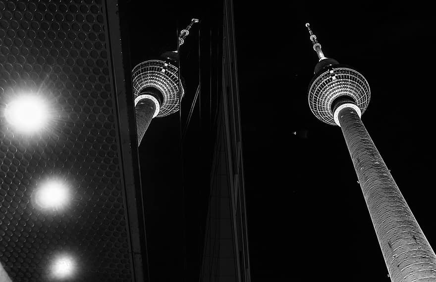 berlin, naktī, televīzijas tornis, tornis, arhitektūra, orientieris, melns un balts, Vācija