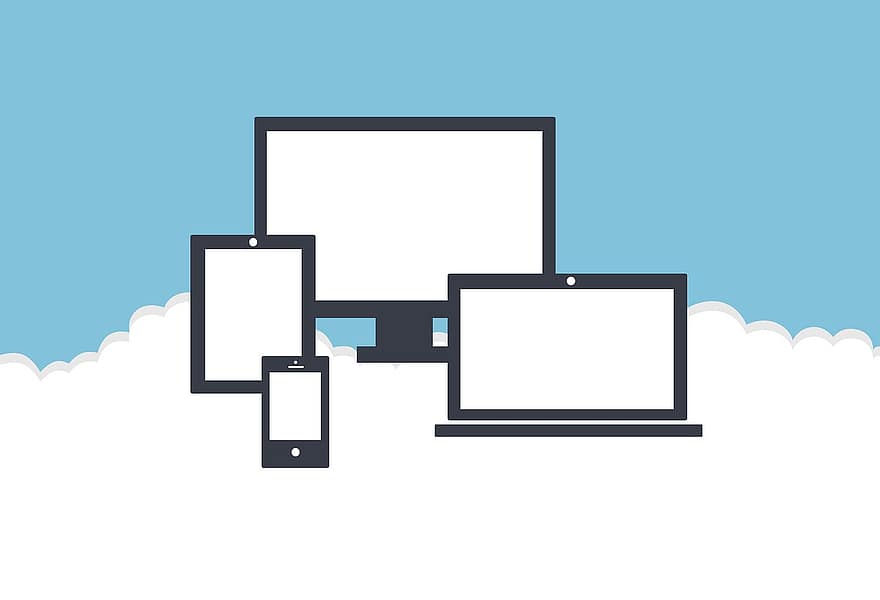 laitteet, varastointi, verkossa, monitori, tabletti, kännykkä, muistikirja, kannettava tietokone, pilviä, sininen, sarjakuva