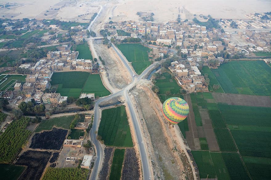 Egypt, Hot Air Balloon, City, aerial view, flying, mid-air, high angle view, air vehicle, cityscape, grass, farm