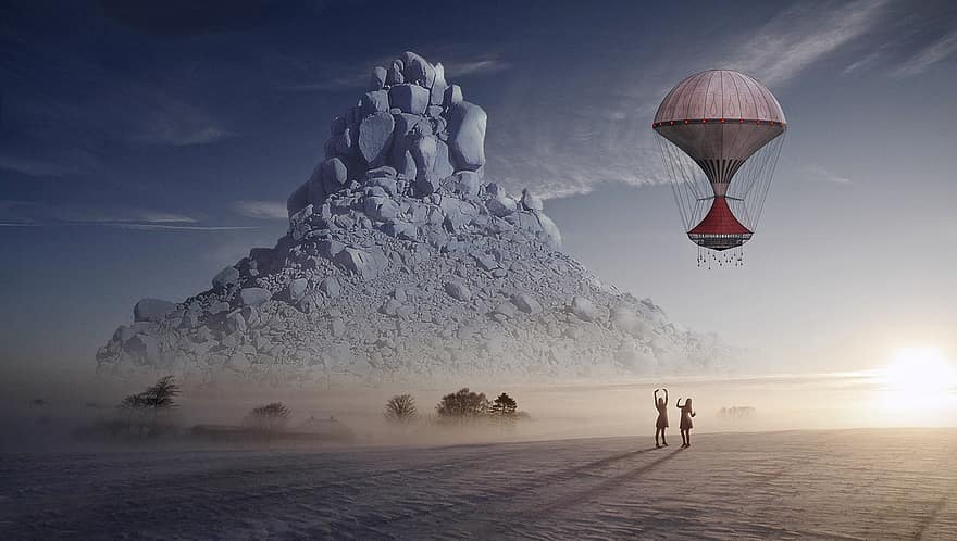ballon, berg-, landschap, samengesteld, sneeuw, heteluchtballon rijden, heteluchtballon, upgrade, natuur, hemel, koude