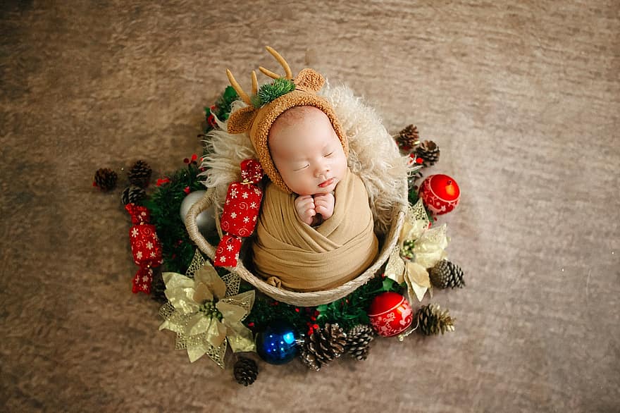 бебе, Коледна фотосесия, спящо бебе, портрет, сладък, дете, украса, празненство, малък, детство, щастие