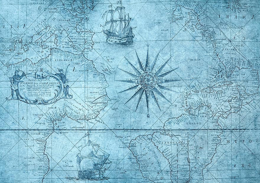 kompass, Karta, segelbåtar, fartyg, Europa, afrika, amerika, atlanten, historisk, nautisk, antik