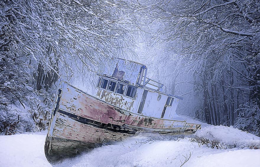 kuģa bojāeja, sniegs, ziemā, mežs, meži