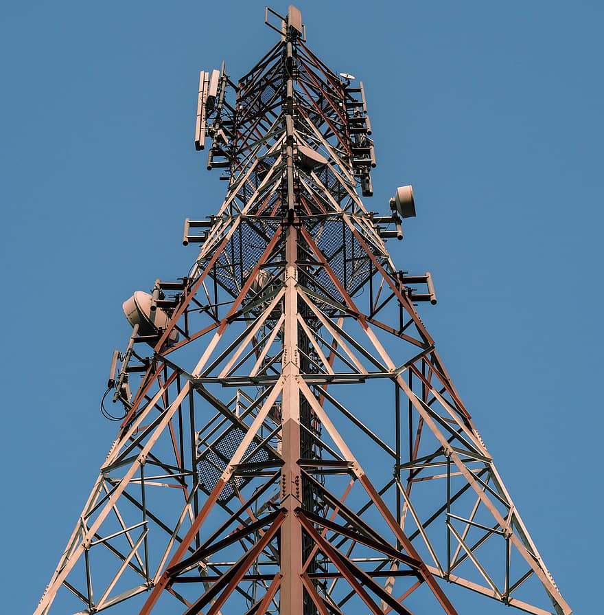 bokštas, telekomunikacijos, signalas, komunikacijos, varžtai, riešutai, architektūra, statybos, mėlyna, technologijos, industrija