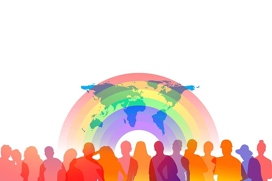 mangfold, personlig, silhuetter, regnbue, kontinenter, kloden, samfunnet, befolkning, menneskelig, mennesker, gruppe