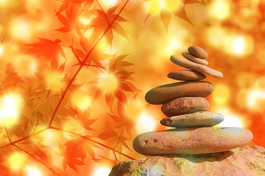 meditasjon, balansere, hvile, stein, zen, steiner, blader, velvære, avslapning, harmoni, Helse