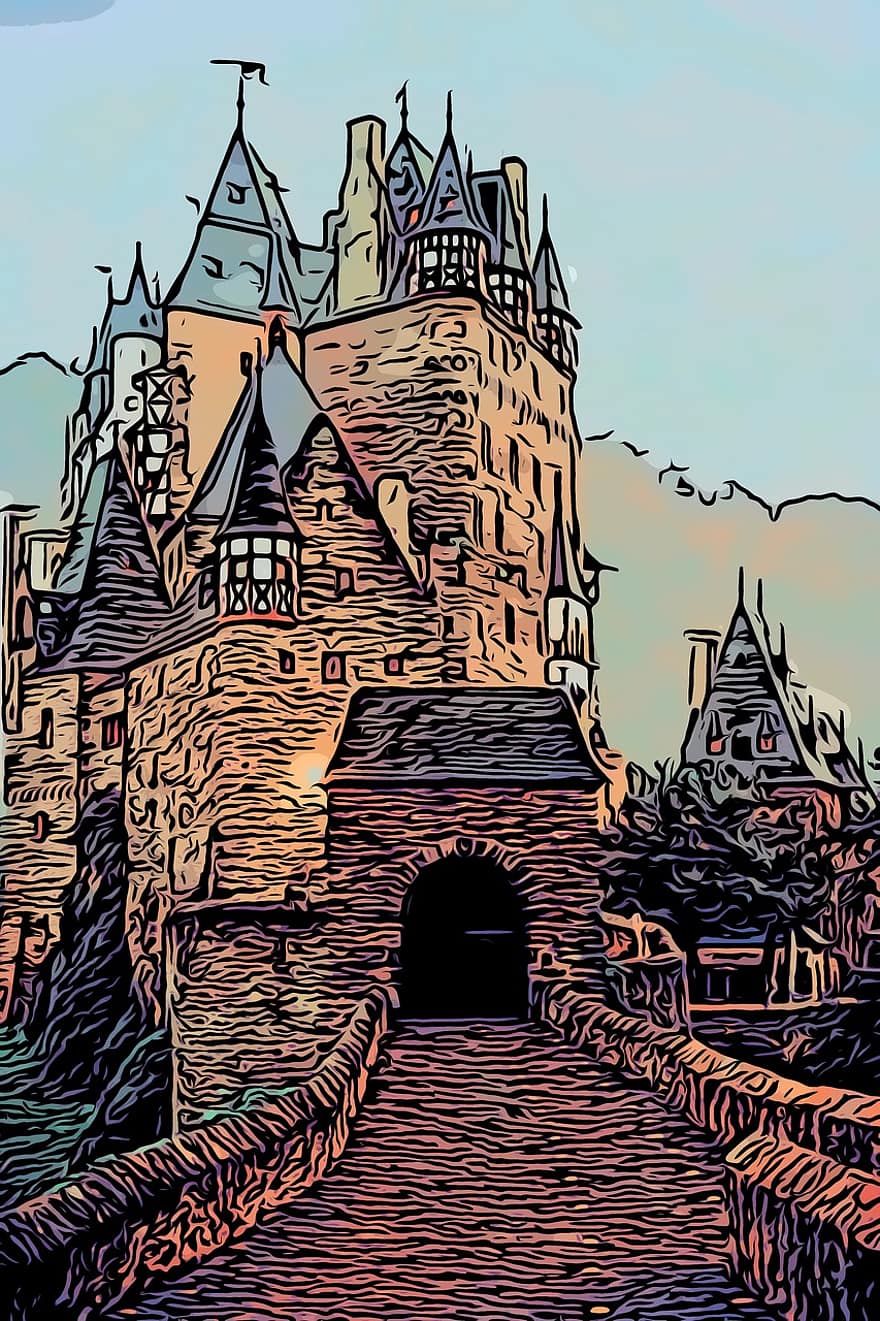 dessin animé, Château, passerelle, porte, pavé, moyen Âge, pont de pierre