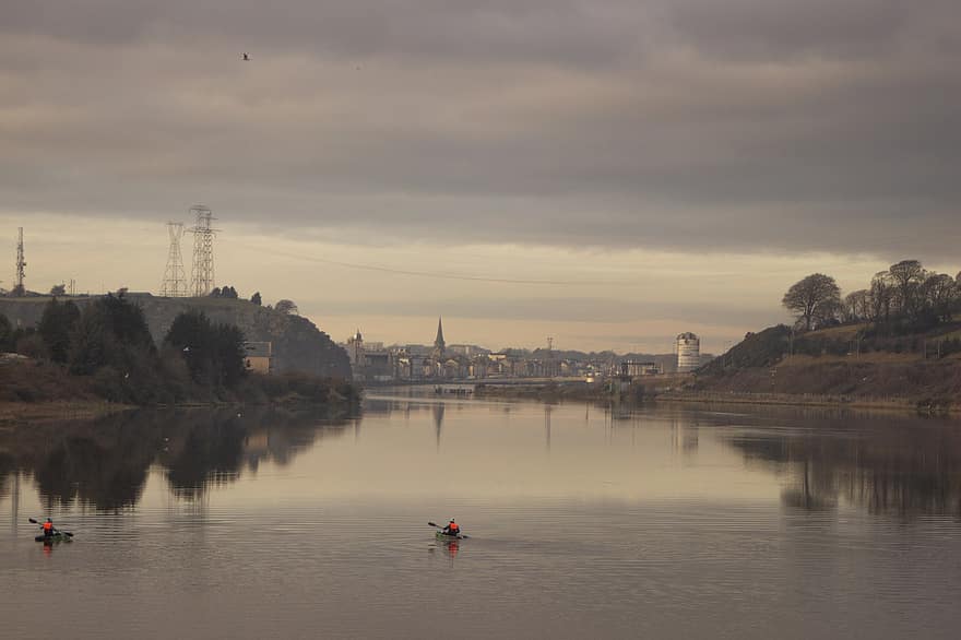 Waterford, City, River, Water, Canoe, Rowing, Reflection, Panorama, Urban, Scenery, Scenic