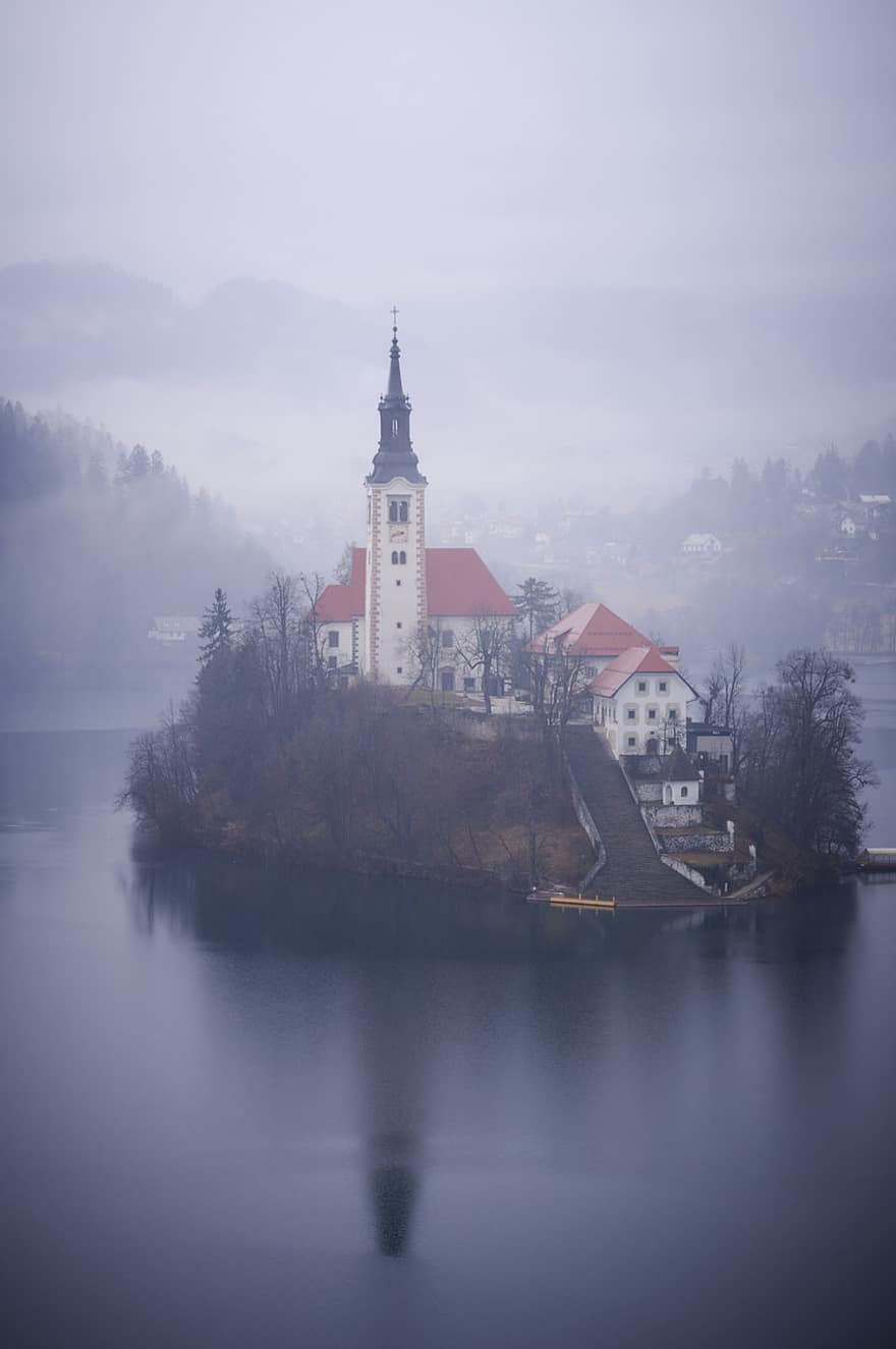 Kirche, Natur, draußen, Insel, See, Slowenien, Nebel, Christentum, Religion, die Architektur, berühmter Platz