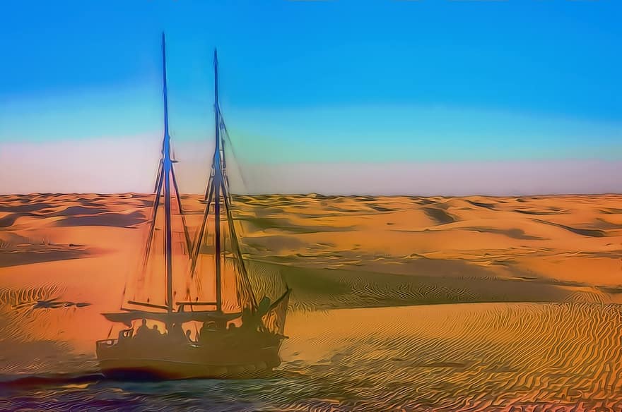 Schip in de woestijn, spookschip, woestijn, zeilschip, gimp, g'mic, kleurrijk, decoratie, illustratie