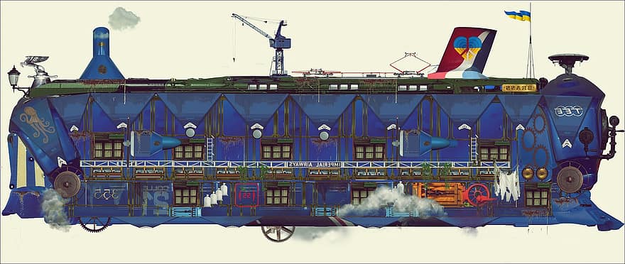 dirijabil, Steampunk, fantezie, Dieselpunk, Atompunk, operă științifico-fantastică, nava spatiala, vector, ilustrare, arhitectură, exteriorul clădirii
