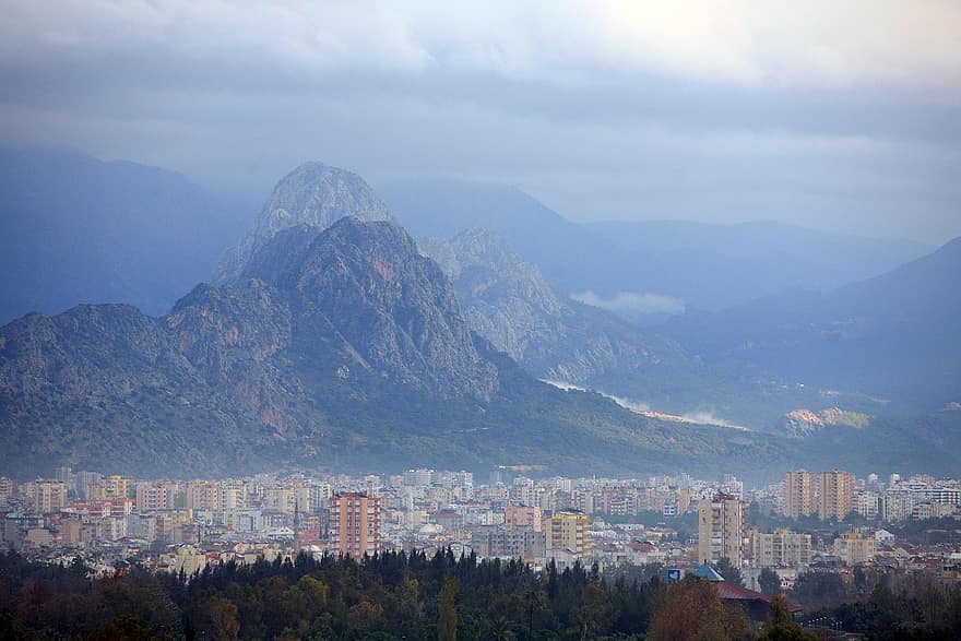 πόλη, βουνά, antalya, Τουρκία, αστικό τοπίο, κτίρια, αστικός, ομίχλη, σύννεφα, τα βουνά ταύρων