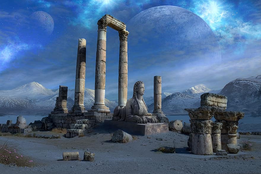 Ruins, History, Fantasy, Moon, Planets, Galaxy, Universe, Dream, Wallpaper, Photos, Sphinx