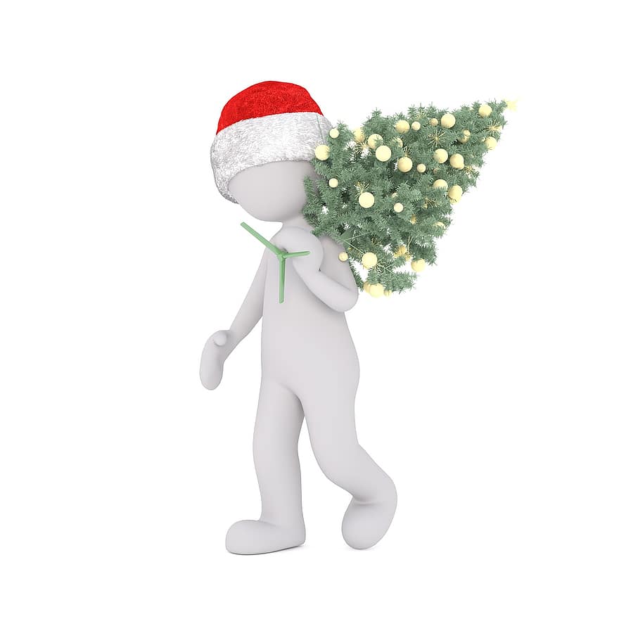 hvid mand, 3d model, figur, hvid, jul, santa hat, fyrretræ, dekoration, pyntet op, bære, fuld krop