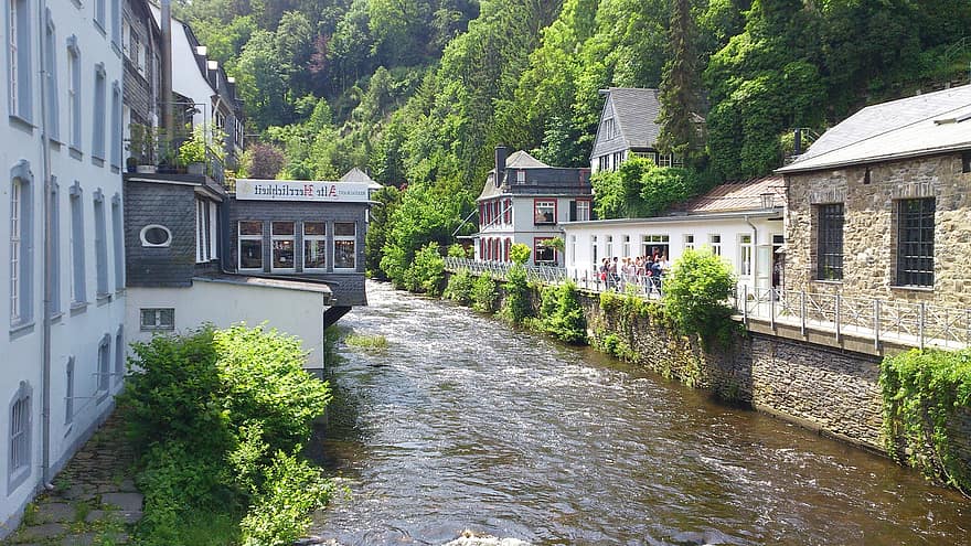πόλη, κανάλι, χωριό, monschau, eifel, μισό ξύλο, ιστορικός, ροή, αρχιτεκτονική, νερό, διάσημο μέρος
