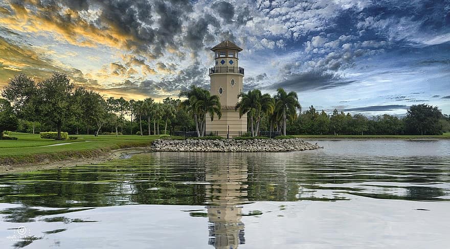 Флорида, захід сонця, вежа, парк, архітектура, сутінки, води, відоме місце, літо, блакитний, рефлексія