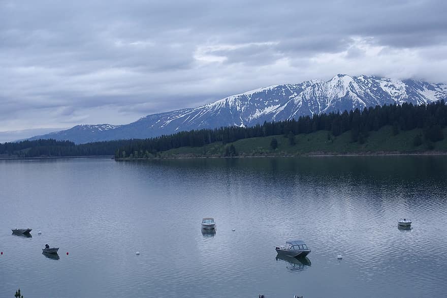 hồ nước, núi, thuyền, Dãy núi Teton, wyoming, neo đậu, Nước, phong cảnh, Thiên nhiên, phong cảnh, tuyết