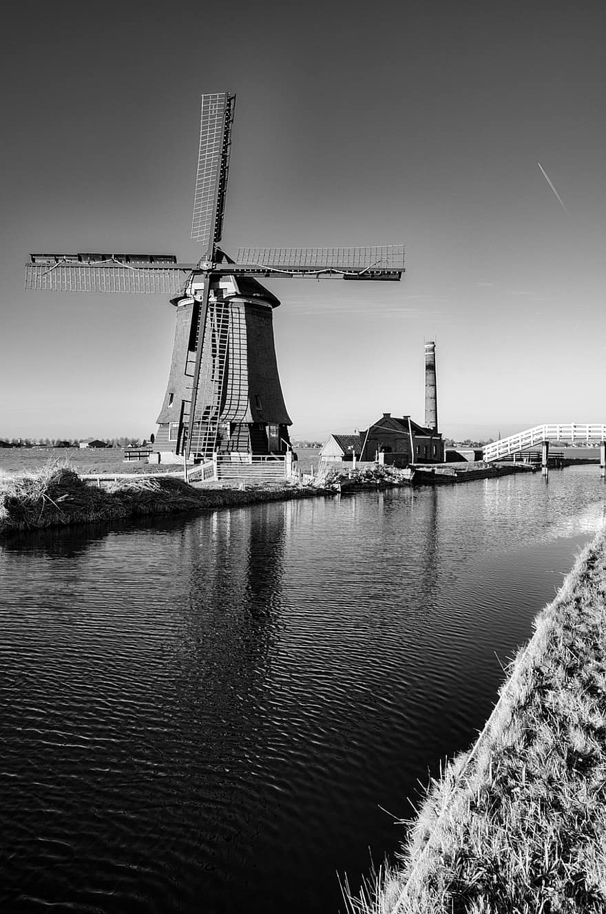 Moulin à vent, canal, fabrique de briques, pont, brillant, noir et blanc, vieux, eau, des cultures, endroit célèbre, architecture