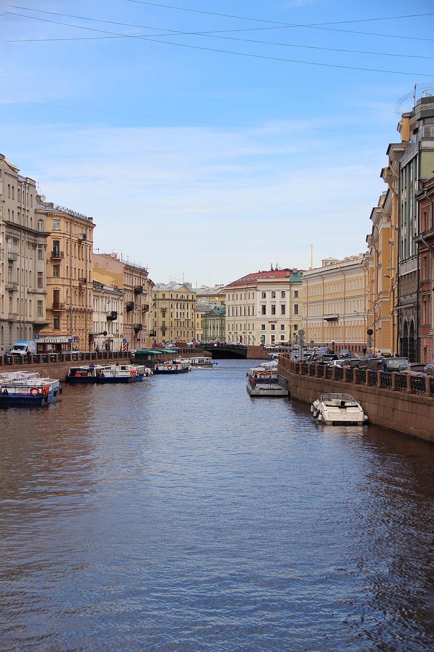Санкт Петербург, град, канал, Русия, лодки, сгради, къщи, воден път, вода, градски