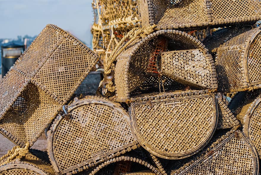 pots de crabe, casiers à homard, piège, empiler, panier, net, filets, capture, pêche, pêcheur, Dock