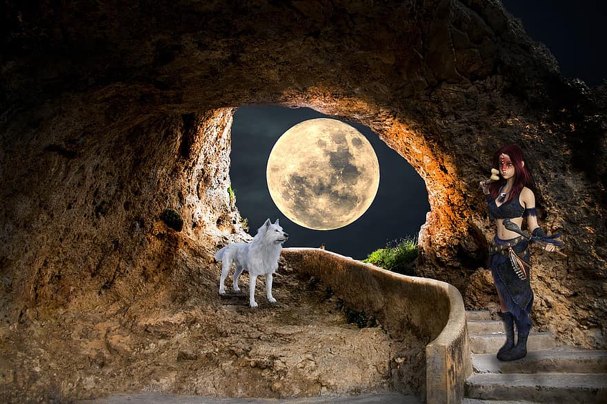 фантастика, воин, Луна, ночь, волк, пещера, женщина, животное, живая природа, собака, домашние питомцы