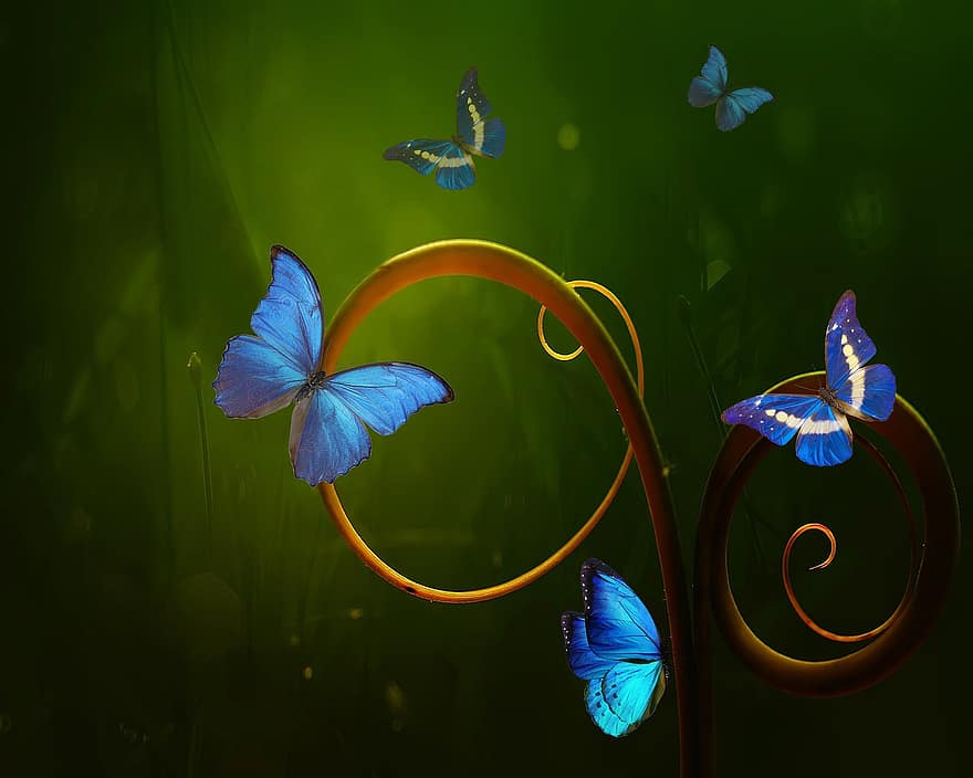 Butterflies, Forest Branch, Leaves, Blue, Light, Green, Nature, Flowers, Wings, Garden, Landscape