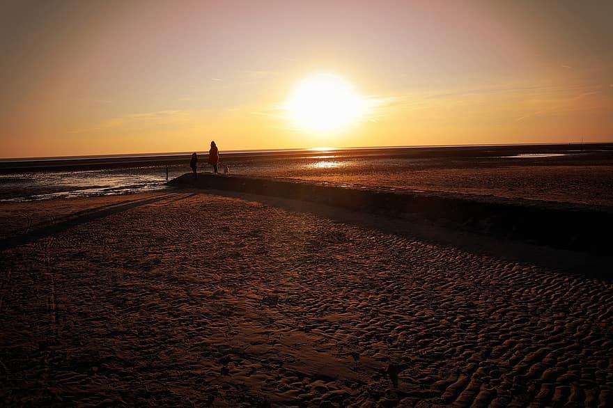 de praia, mar de wadden, por do sol, natureza, Alemanha, Cuxhaven, período de férias, mar do Norte, luz solar, crepúsculo, Dom