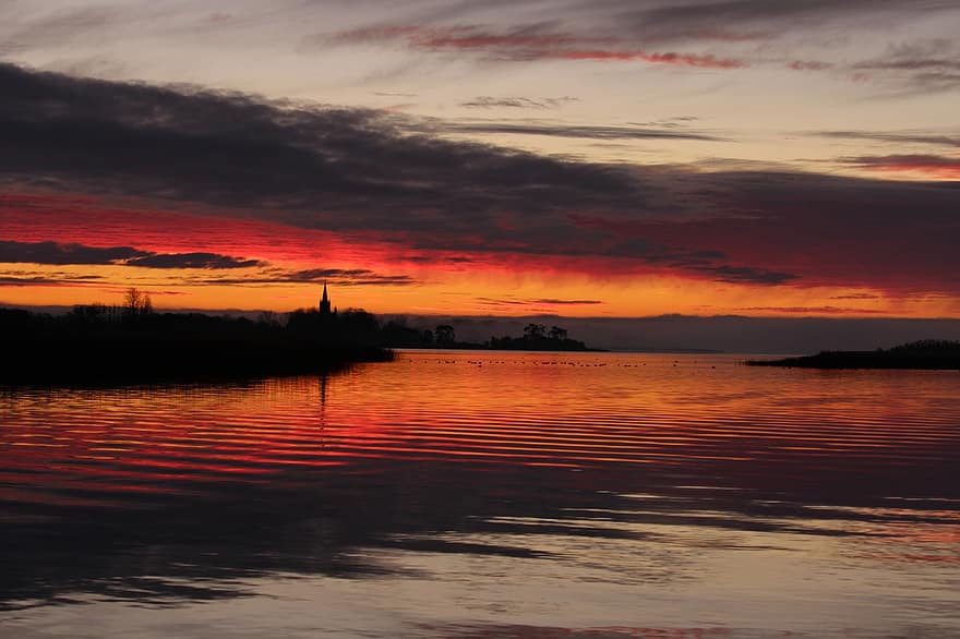 Gristow, tramonto, lago, torre della chiesa, Isola di Riems, Bodden, Germania, natura, nuvole, riflessione, acqua