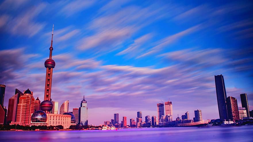 Šanghaj věž, město, panoráma, městský, panoráma města, Šanghaj, mrakodrap, městské panorama, noc, slavné místo, architektura