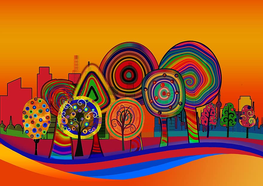 Trees, Rings, Avenue, Colorful, Skyline, Circle, Wave, Abstract