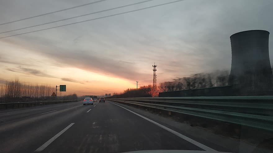 Jingha Expressway, vei, solnedgang, biler, kjøretøyer, fortau, motorvei, hovedvei, Tilbake til Beijing, trafikk, skumring