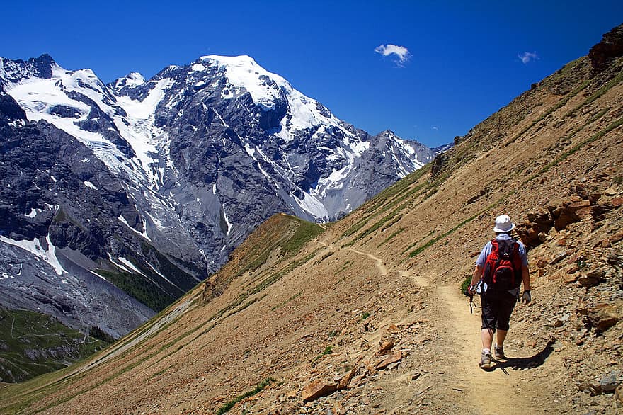 backpacker, alpine, høje bjerge, sti, bjergspor, backpacking, vandrer, bjergbestiger, bjergbestigning, vandring, bjerge