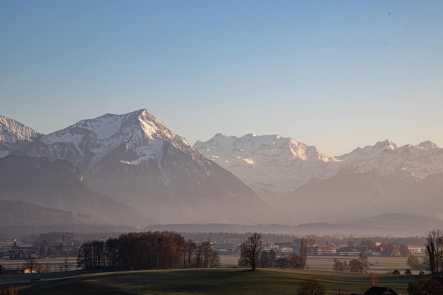 くしゃみをする、山岳、もや、朝、気分、日の出、スイス、トゥーン湖、風景、高山、見通し