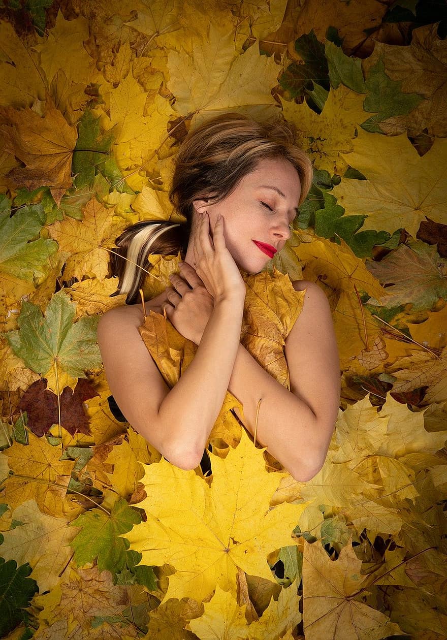 woman, beauty, autumn, leaf, yellow, women, caucasian ethnicity, one person, season, nature, smiling