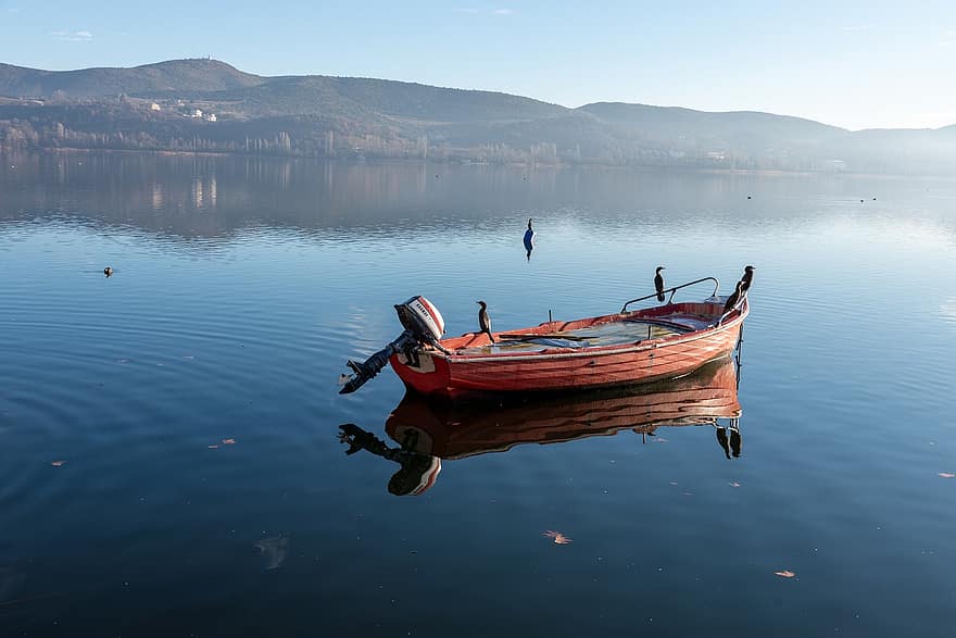 เรือ, ทะเลสาป, ภูเขา, นก, น้ำ, ธรรมชาติ, ฤดูหนาว, หนาว, Kastoria