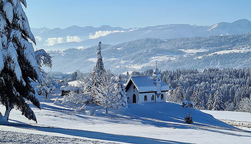 la neve, brina, inverno, invernale, freddo, nevoso, paesaggio, nevicata, paesaggio innevato, Scheidegg Allgäu