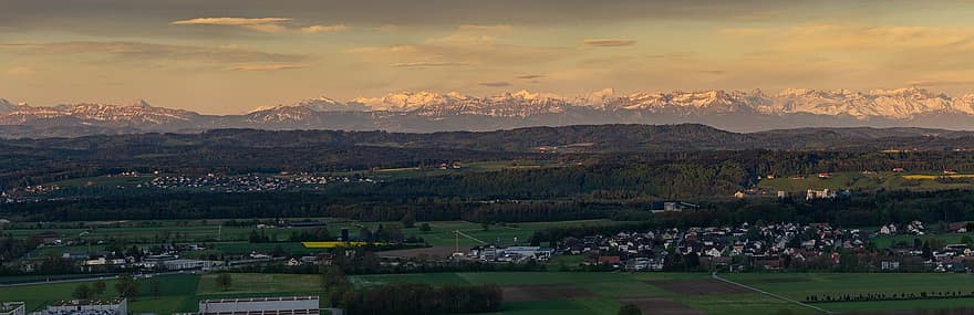 alpin, schweiz, panorama, solnedgång, landskap, bergen, snöfjällen, panorama-, alperna, skymning, afterglow