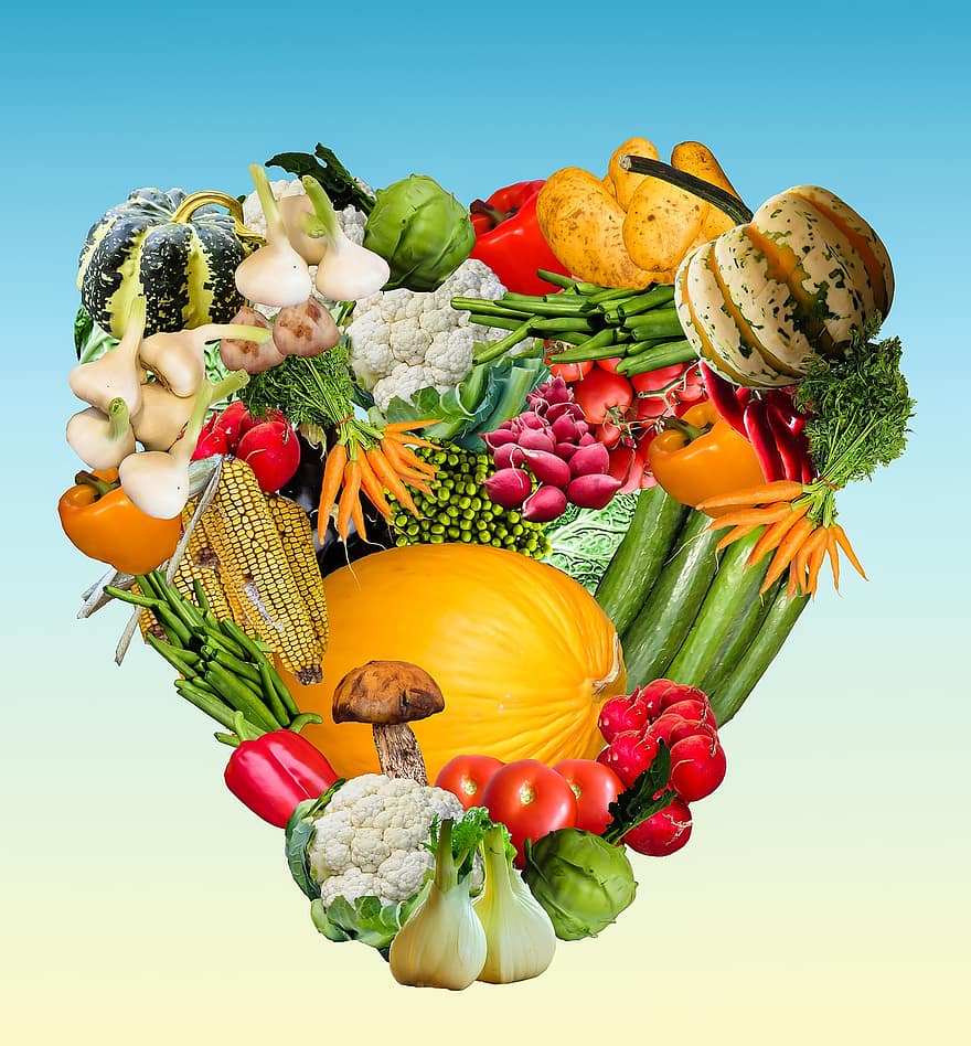 hjärta, grönsaker, skörda, tacksägelse, höst, frukt, pumpa, bönor, gurkor, morötter, rädisor