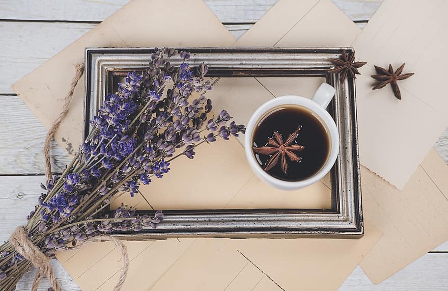 lavendel, koffie, ansichtkaarten, achtergrond, wijnoogst, bloemen, hout, drinken, tafel, achtergronden, bloem