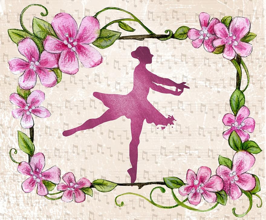 Ballerina, Dance, Piano, Card, Greeting, Recital, Woman, Lady, Girl, Child, Floral