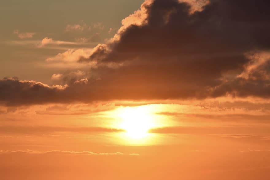 zonsondergang, zon, zee, warme kleuren, Jouw sinaasappel, bewolkte lucht, horizon, natuur