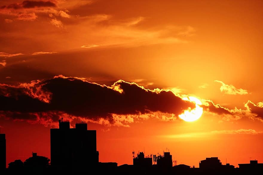 matahari terbit, kota, urban, bangunan, matahari terbenam, senja, matahari, sinar matahari, bayangan hitam, backlit, awan