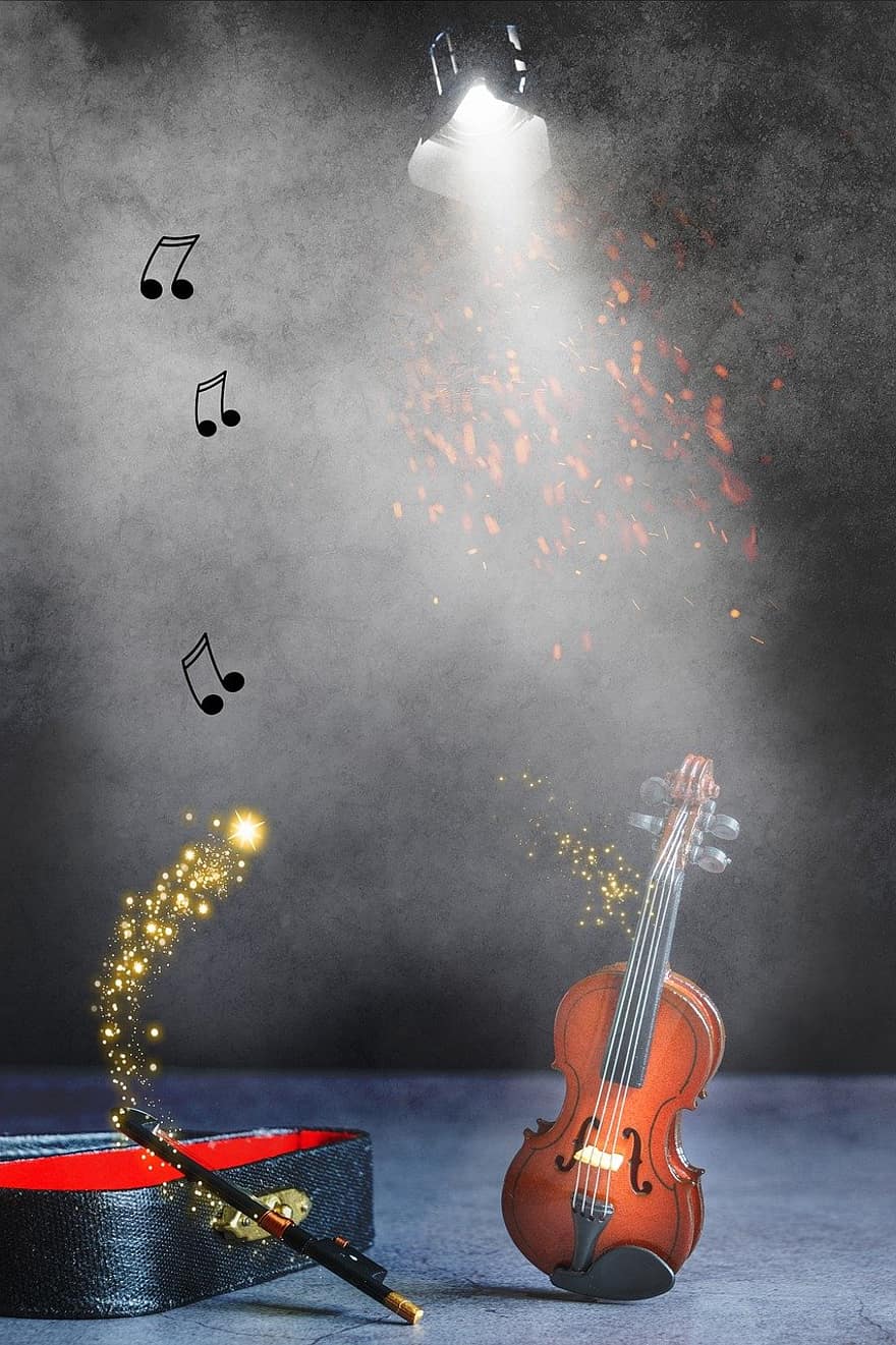 viool, muziek-, lichten, Miniatuur viool, magisch, rook, muziekinstrument, musicus, gitaar, achtergronden, prestatie